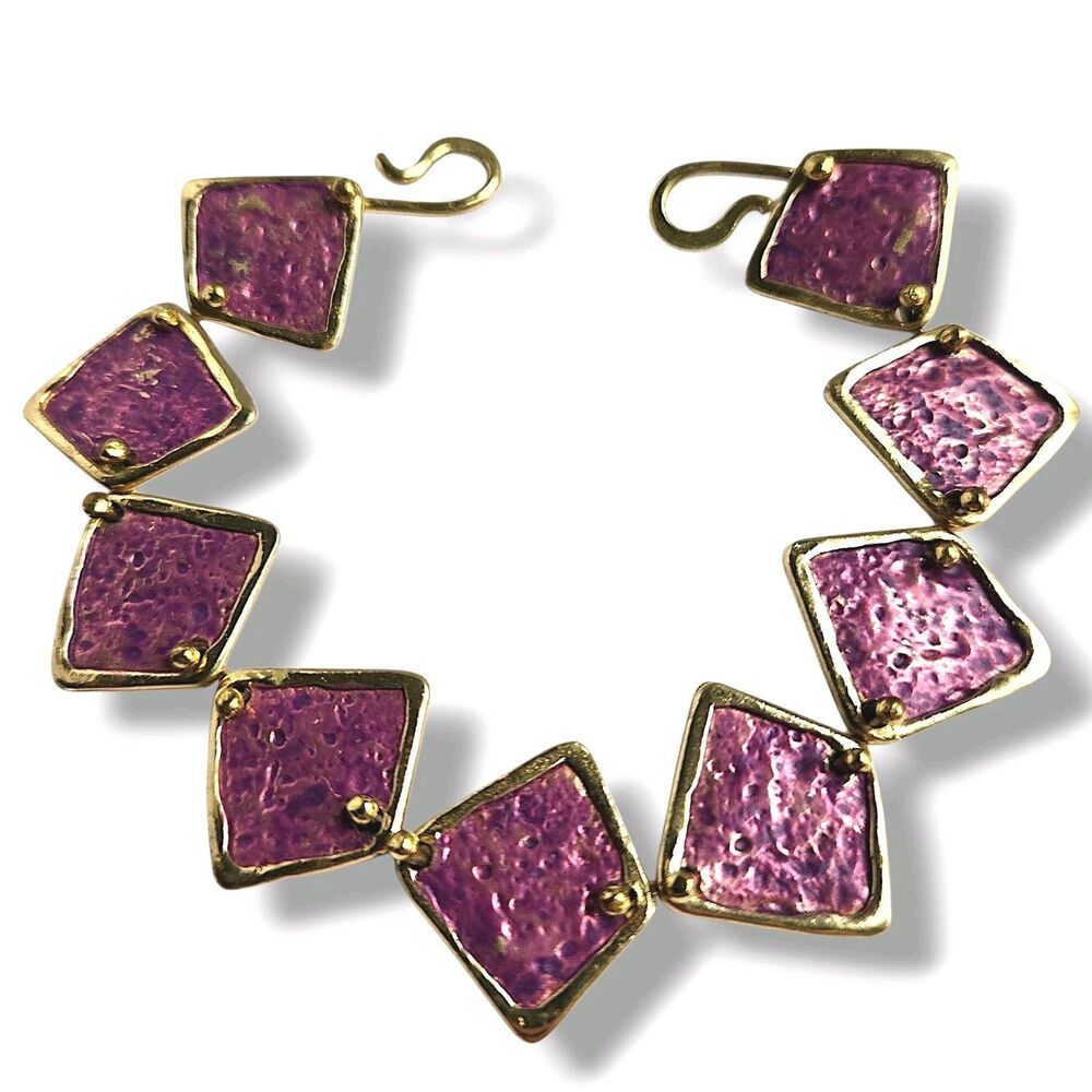 Vintage Anne Dick Purple Enamel Bracelet Diamond Shaped Links Brutalist Size 7